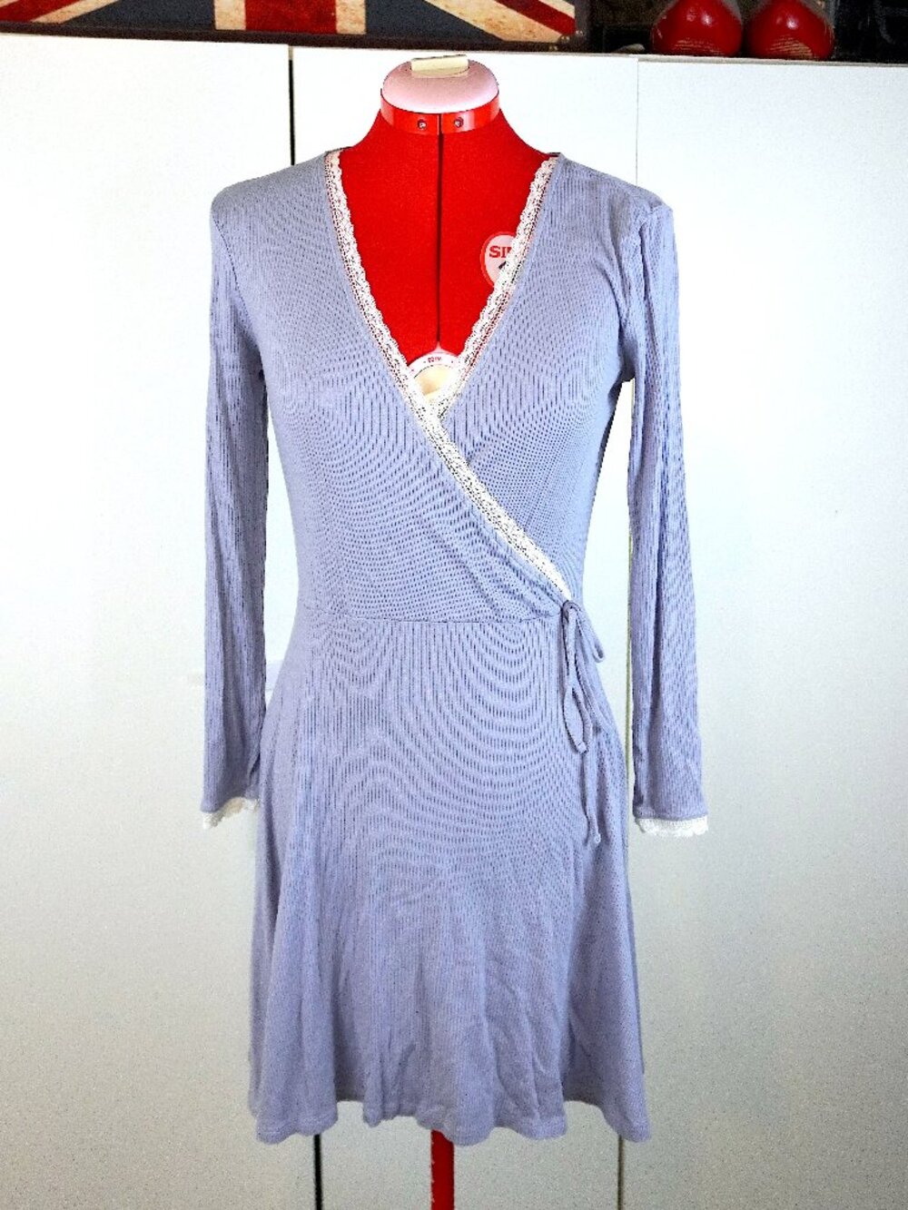 H&M (Divided) Ribbed Faux-Wrap Dress in "Pigeon Blue"